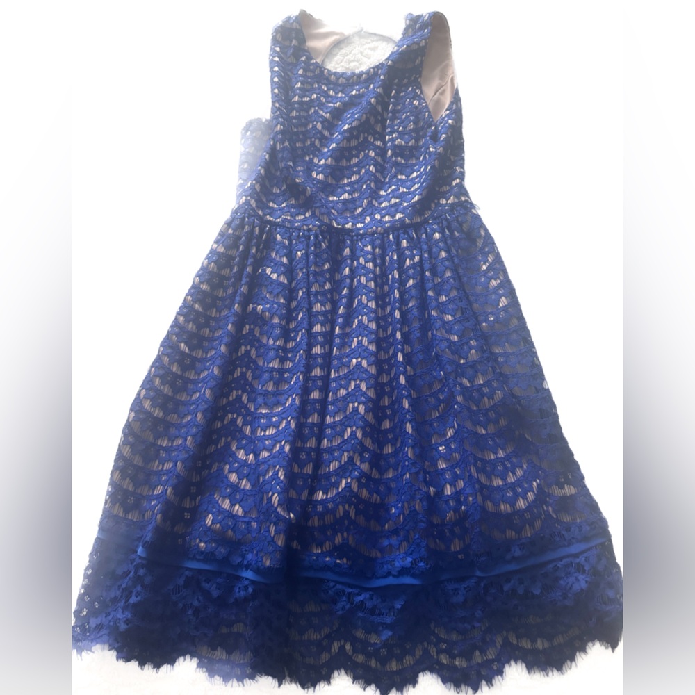 Eliza J Royal Blue Lace overlay a line dress nude pockets sleeveless wedding 6
